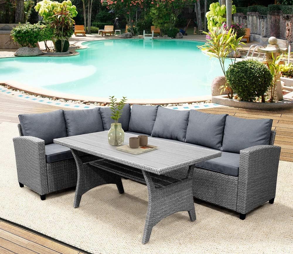 HCTT SHOW Patio Dining Table Set Outdoor Furniture PE Rattan Wicker Conversation Set All-Weather Sectional Sofa Set with Table & Soft Cushions (Brown（Gray) for Living Room,Outdoor Platform (Gray): Garden & Outdoor