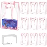 15Pack Clear Plastic Gift Bags with Handle,Reusable PP Gift Wrap Tote Bags with Ribbon for Wedding Bridal Birthday Party Baby Shower Goodies Graduation Shopping Business, 7x10x3.15 Inch (Pink)