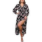 EYWOL Wedding Guest Dress for Plus Size Women - Long Sleeve,V Neck,Maxi,Chiffon Floral Dress with Slit (M-3XL)