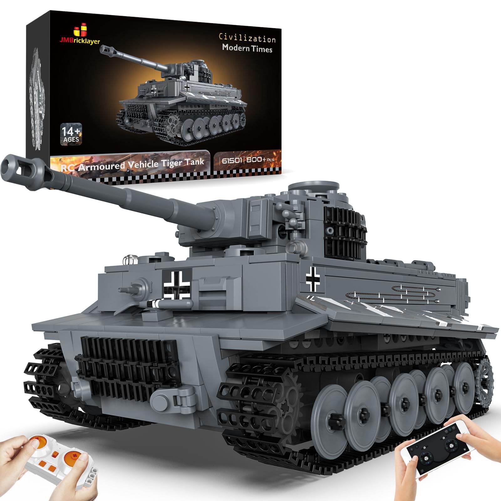 JMBricklayer RC WW2 Military Tiger Tank Building Blocks Sets for Adult, 61501 War Armor Battle Tank Vehicle Model Construction Toys with Motor & Remote, RC Tank Gifts for Boy 14+ (800 Pieces)