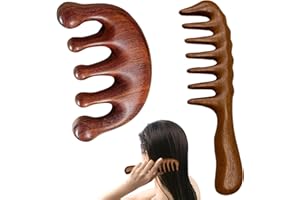 2-Piece Sandalwood Comb Set, Long-Handle Wide-Tooth Curly Hair Comb and Handle-Free Wide-Tooth Five-Ball Scalp Massager, Prem