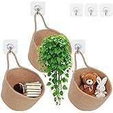 ShellKingdom Hanging Baskets, 3Pack Woven Wall Mounted Storage Basket with 3 Pcs Hooks, Boho Pouchs Bag Organizers for Home Office Living Room Bathroom Door Wall Decoration Caddy Bins (Jute)