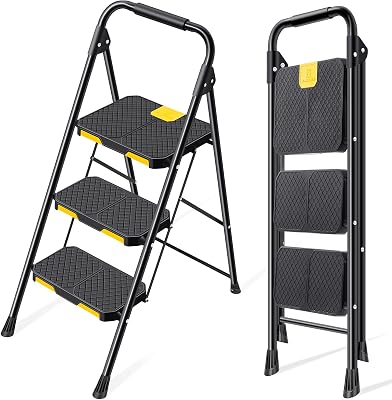 Scaletta 3 Gradini, Scala Pieghevole Domestica con Blocco di Sicurezza, Acciaio Portata 360kg con Ampio Pedale Antiscivolo, Corrimano Comoda, Cucina Casa Ufficio, Nero