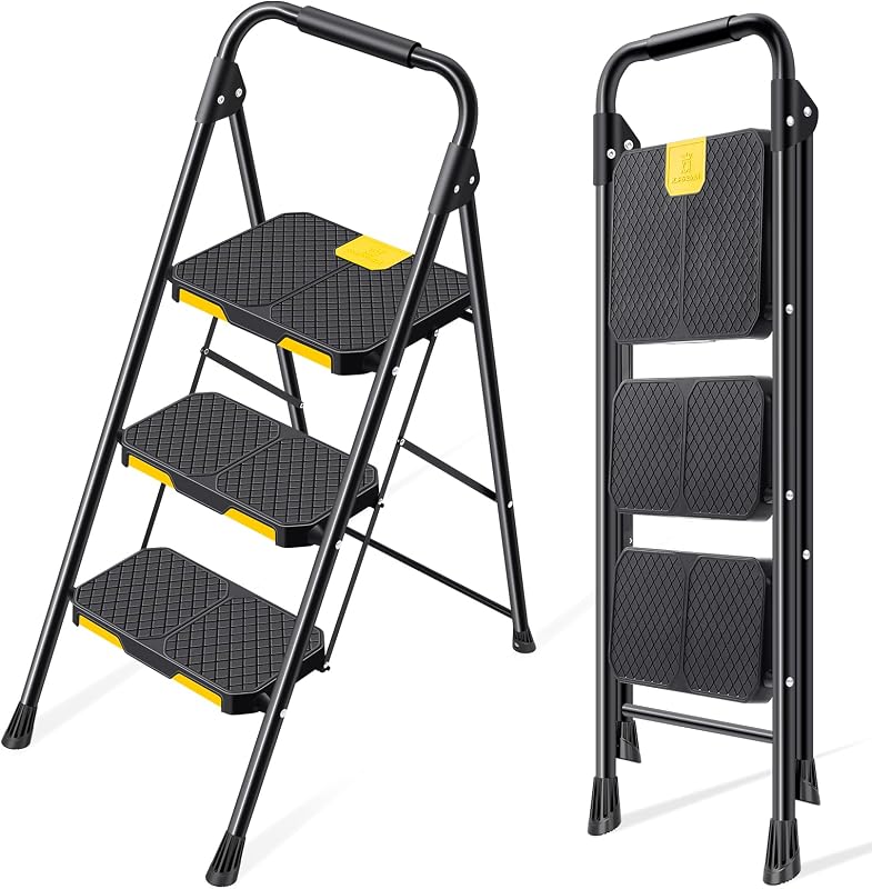 Scaletta 3 Gradini, Scala Pieghevole Domestica con Blocco di Sicurezza, Acciaio Portata 360kg con Ampio Pedale Antiscivolo, Corrimano Comoda, Cucina Casa Ufficio, Nero