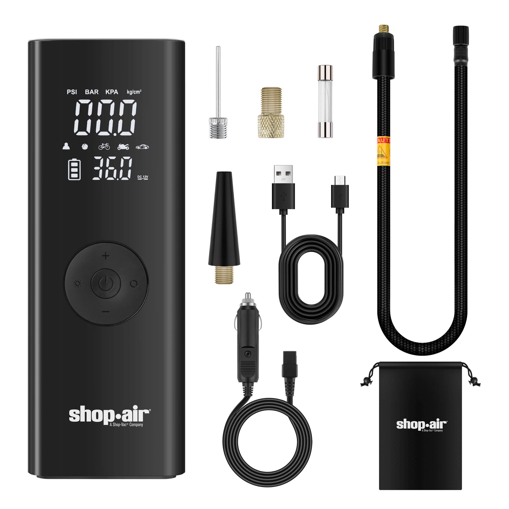 SHOP·AIR Tire Inflator Portable Air Compressor, Cordless 150PSI Tire Pump for Car, 2X Faster Inflation with LCD Dual Screen, LED Light, Auto Shut-off, 6000mAh Battery & 12V DC Power Cord