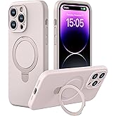 CellEver Strong Magnetic Case for iPhone 14 Pro Max [for MagSafe Charging] [Camera Protection] Heavy-Duty Protection, Soft Grip Silicone Cover with Kickstand, Chalk Pink