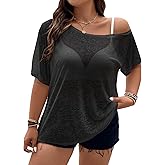COZYEASE Women's Plus Size Asymmetrical Neck Short Sleeve See Through Sheer Tops Loose Fitted Summer Shirt