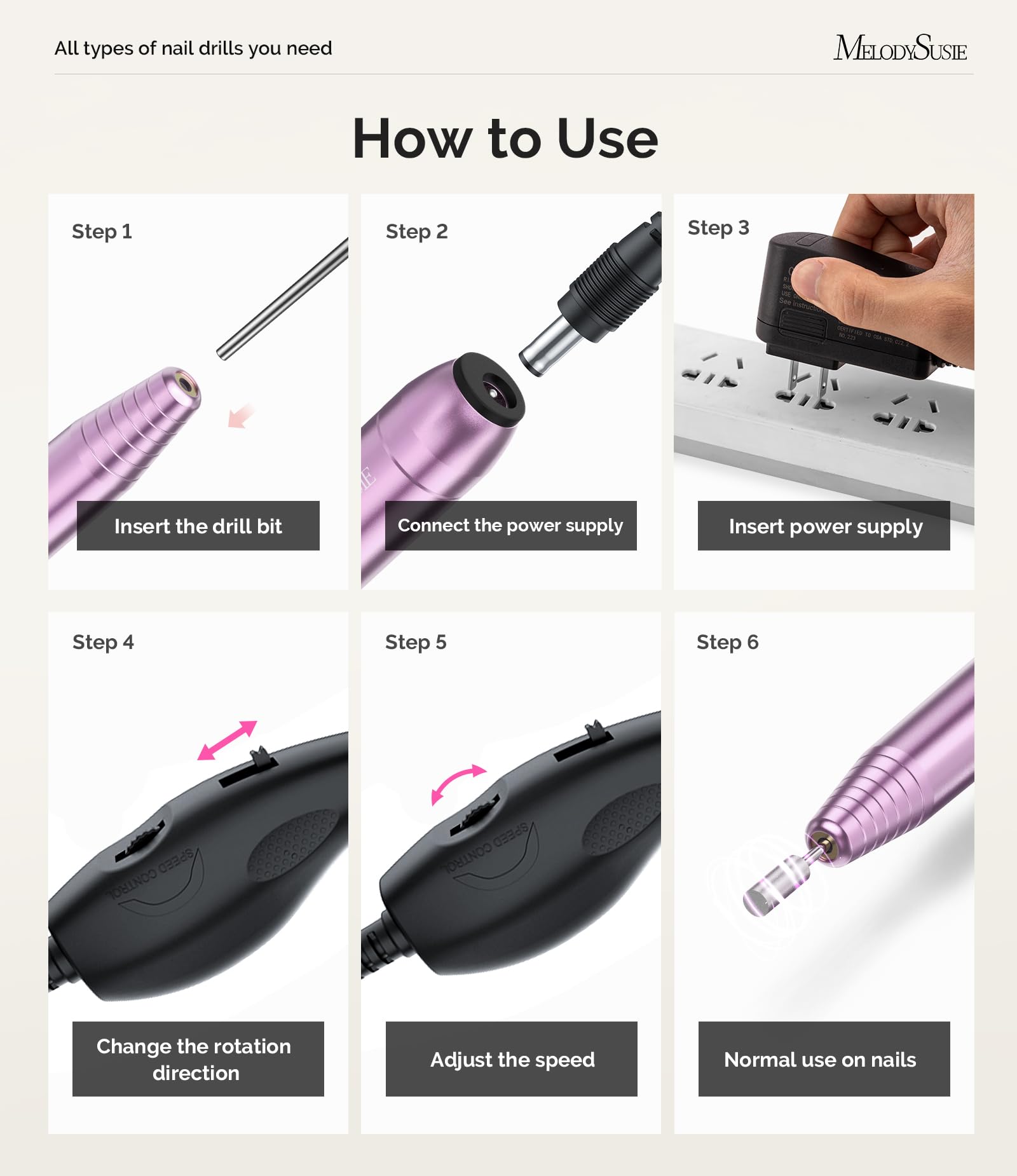 MelodySusie Portable Electric Nail Drill,PC120B Compact Efile Electrical Professional Nail File Kit for Acrylic, Gel Nails, Manicure Pedicure Polishing Shape Tools Design for Home Salon Use, Purple - Image 5