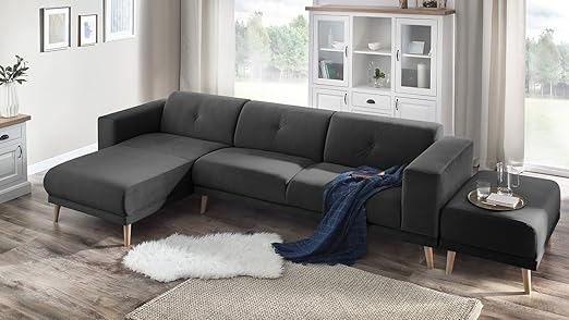 Bobochic Luna Canapé Dangle Gauche Fixe 3 Places Avec Pouf Gris Foncé 308 X 166 X 75 Cm