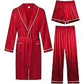 SWOMOG Men's Satin Robe 3 Pcs Silky Kimono Bathrobe Set Lightweight Soft Loungewear Nightwear