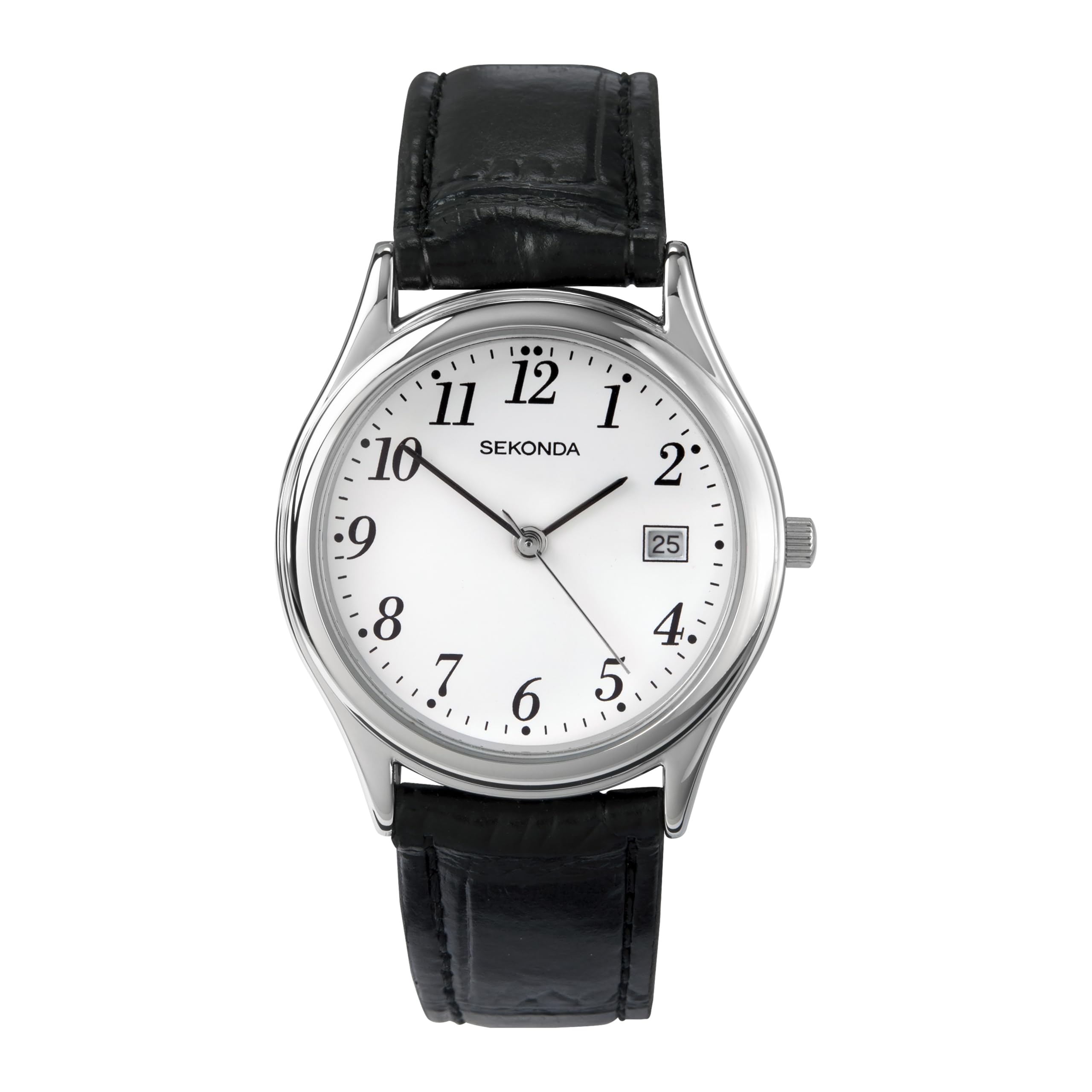 Sekonda Robinson 40mm Mens Silver Watch with White Dial Analogue Display Date Window and Black Leather Strap