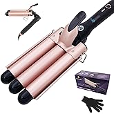 Mistcado 3 Barrel Curling Iron, 1 Inch Ceramic Tourmaline Hair Waver Wand with LCD Temperature Display, Fast Heating Foldable Crimpers for Travel Glove Included (Gold)