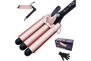 Mistcado 3 Barrel Curling Iron, 1 Inch Ceramic Tourmaline Hair Waver Wand with LCD Temperature Display, Fast Heating Foldable Crimpers for Travel Glove Included (Gold)