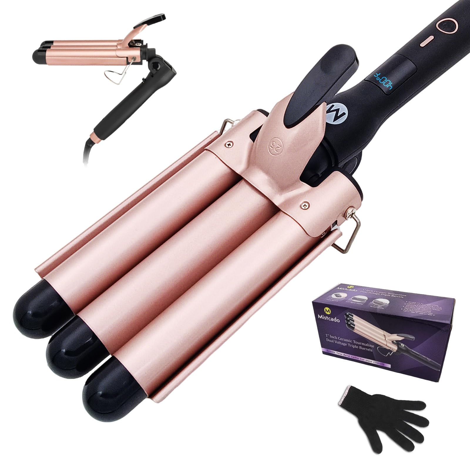 Photo 1 of Mistcado 3 Barrel Curling Iron, 1 Inch Ceramic Tourmaline Hair Waver Wand with LCD Temperature Display, Fast Heating Foldable Crimpers for Travel Glove Included (Gold)
