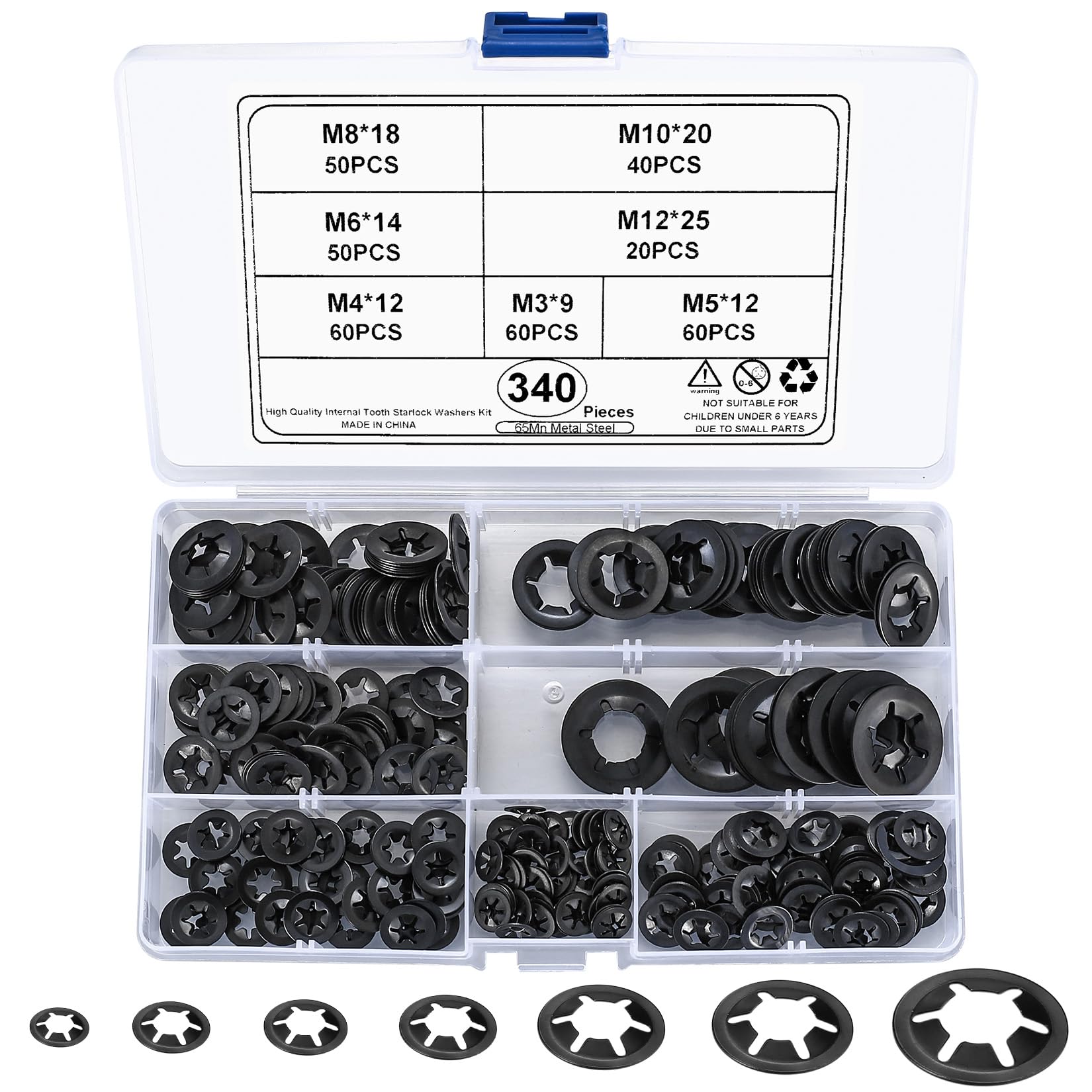340 Pcs Internal Tooth Washers, Quick Speed Locking Push On Clips Speed Clips Fasteners Washers Assortment Kit - M3, M4, M5, M6, M8, M10, M12 — image 1
