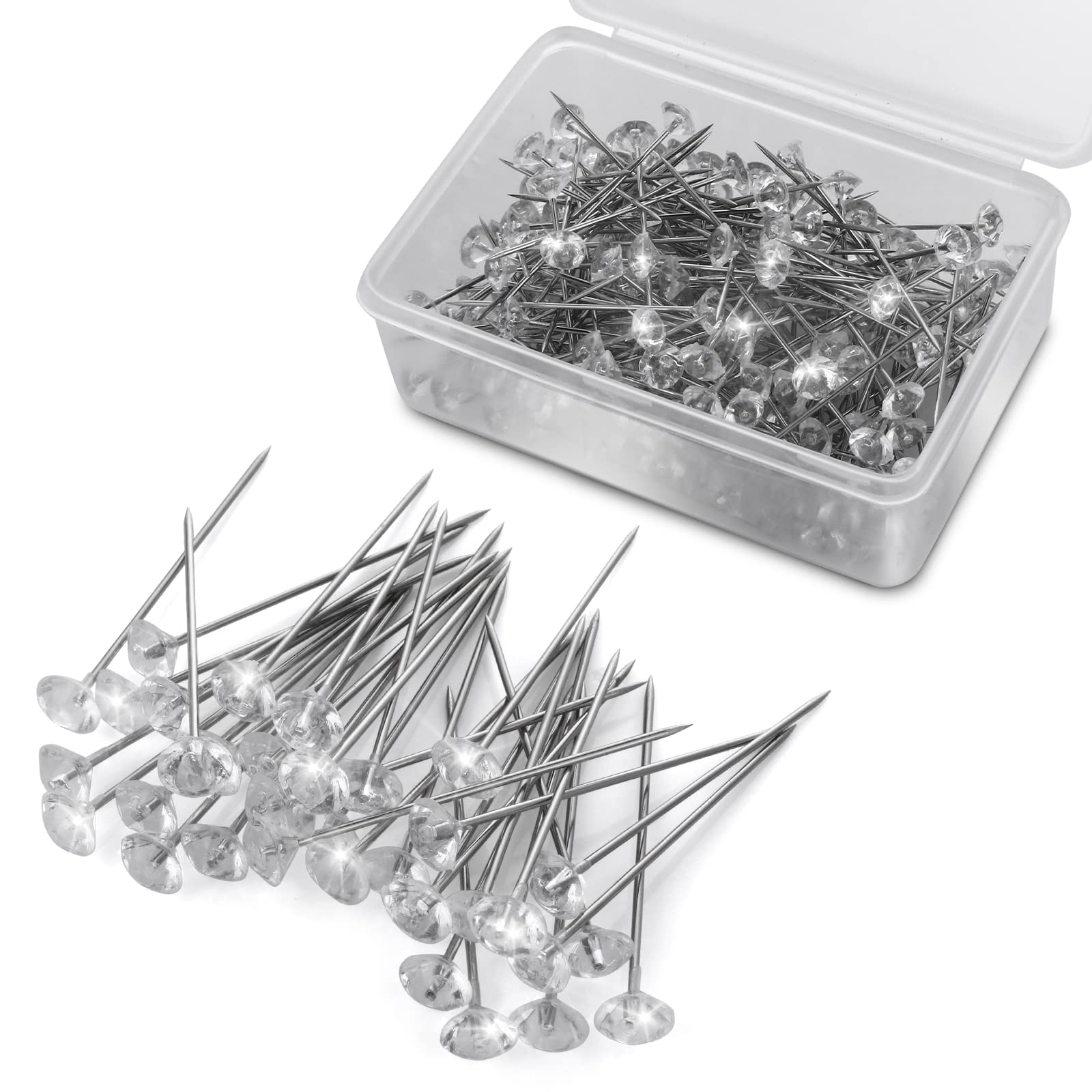 ASTER 200 Pieces Crystal Diamond Head Pins, 1.5 Inch Head Straight Pins, Flower, Stainless Steel Bouquet Pins, Corsages, Wedding Jewelry, Flower Decor, Silver, One Size