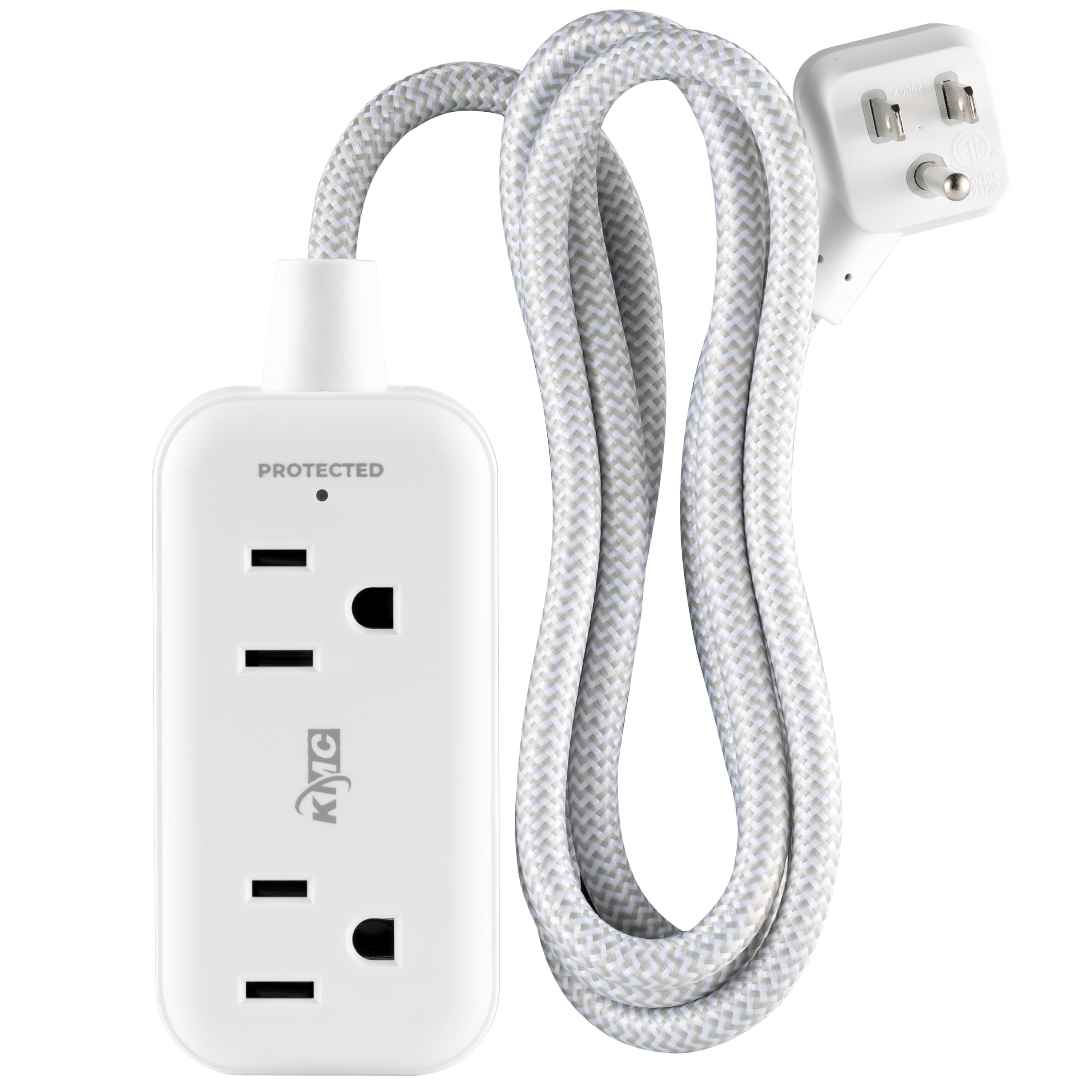 Photo 1 of KMC 2-Outlet Mini Surge Protector Power Strip, 1 USB-C & 2 USB-A Ports, 245J Surge Protection, 5ft Braided Cord, 3-Prong Low-Profile Flat Plug, UL/ETL Certified, White