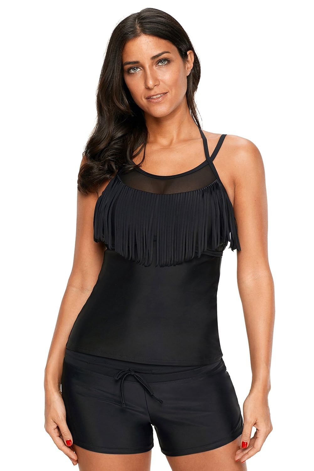 boldgal girl's bathing swim sleeveless fringe beach top (black)