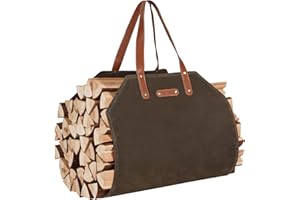 Permade Firewood Carrier with Real Leather Handles, Log Carrier for Firewood Waxed Canvas, 38.4x17.3inch Wood Carrier for Fireplace, Water Resistant Firewood Tote Bag for Stove, Outdoor Camping- Green