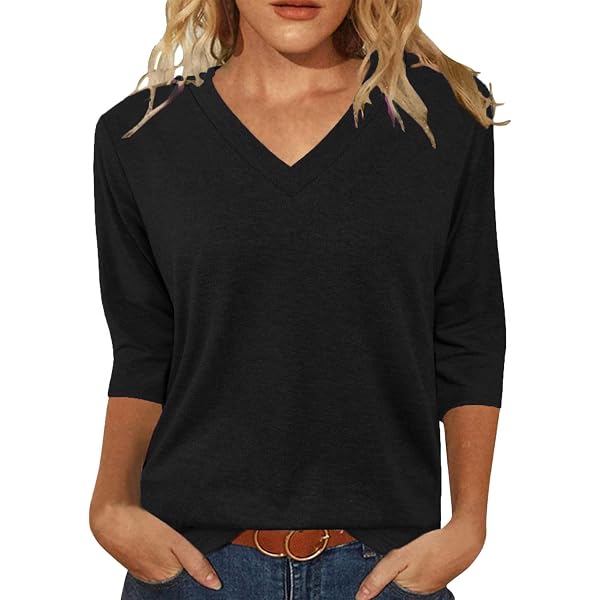 Women's 3/4 Sleeve V-Neck Tunic Top - Stretch Cotton Henley Blouse, Loose Fit For Work & Casual, Sage Green X-Large - View #4