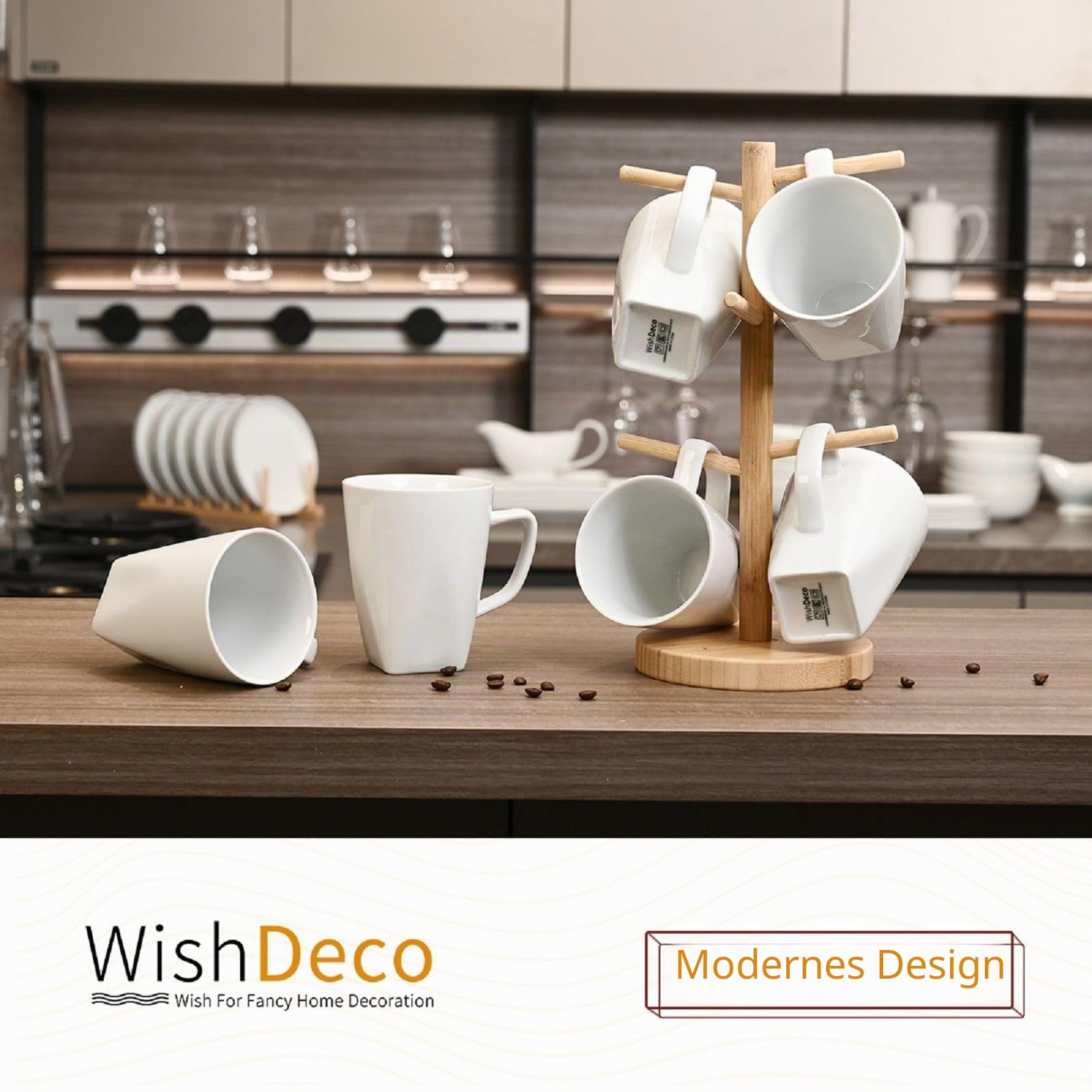 WishDeco Kaffeebecher 6er Set, Kaffeetassen Porzellan Weiß 400ml, Kaffee Tassen Groß mit Henkel, Tassen Set für Cappuccino Tee Milch Heißgetränke, Eckig Boden 5