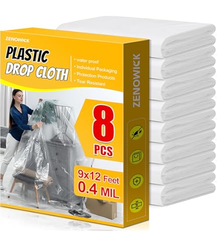 Storystore 10-Pack Plastic Drop Cloths – 10x13 Feet, Clear, Waterproof & Tear-Resistant – Perfect For Painting, Floor & Furniture Protection, Dust Covers