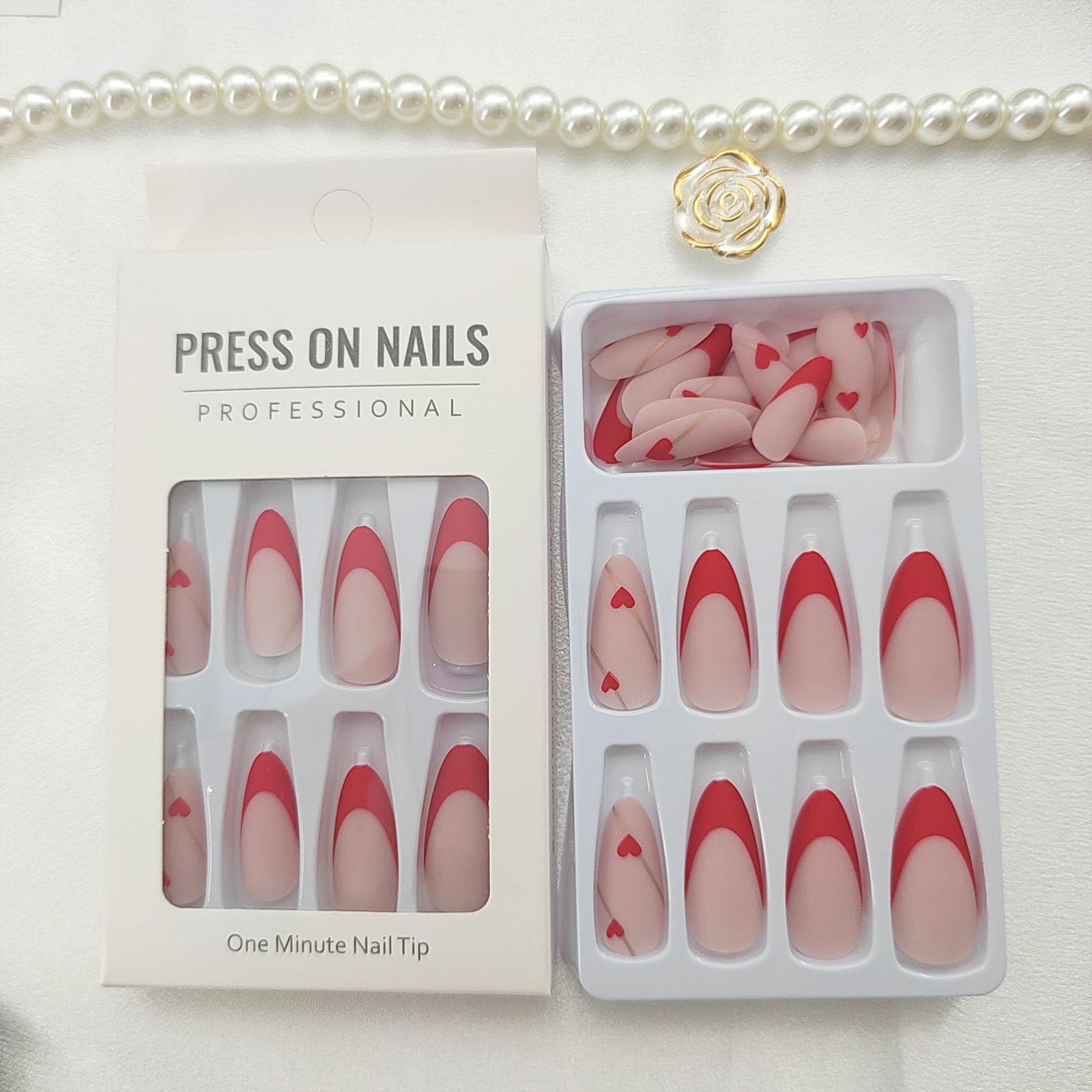 Valentine's Day Press on Nails Medium Almond Fake Nails with Red Heart & Golden Lines Designs Red French Tip Nails Press ons Matte Glue on Nails Full Cover Stick on Nails for Women 24Pcs - Image 6