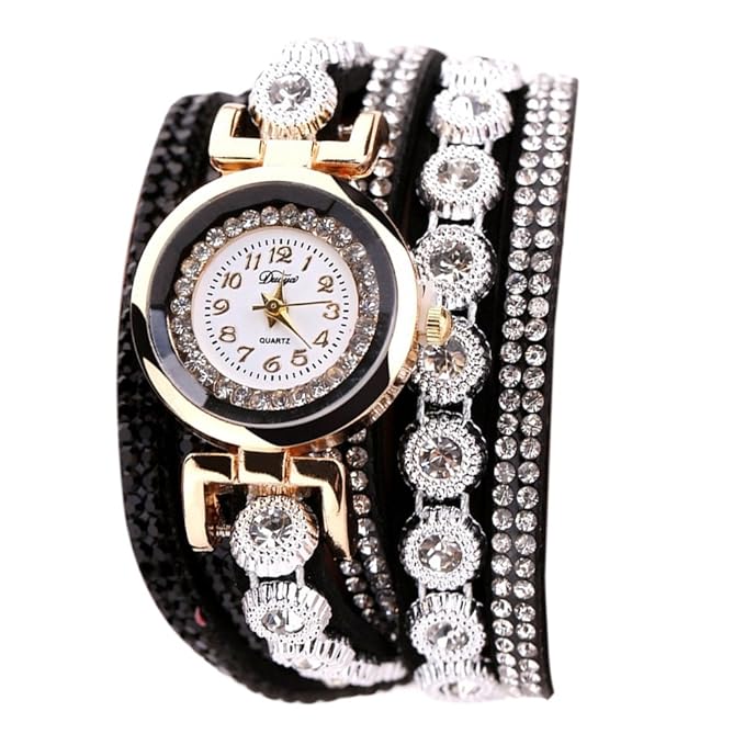 Rrimin Duoya Quartz Movement Rhinetone Studded Leather Bracelet Black Analogue Watch For Women_116584