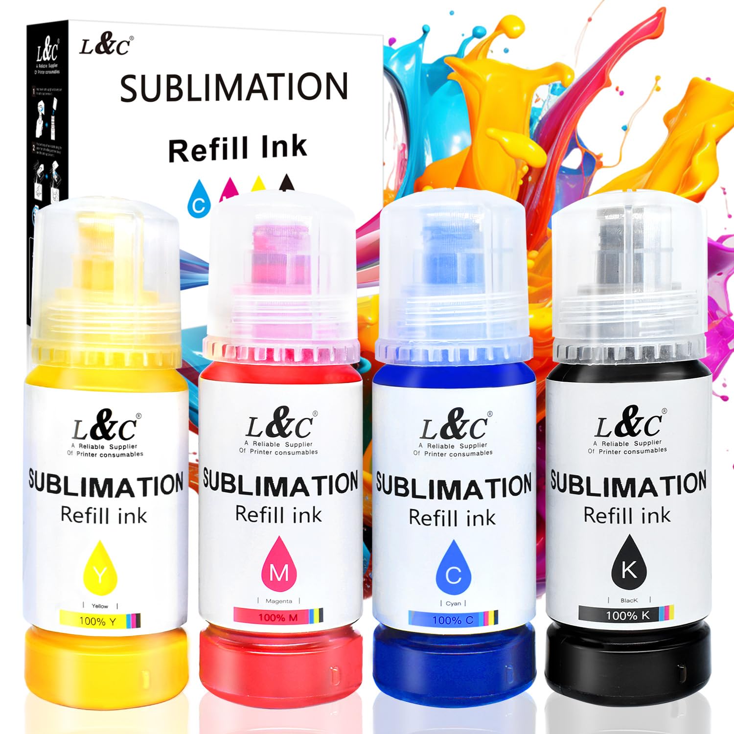 L&C Sublimation Ink for Eco Tank Printer, Sublimation Ink Refill Bottles Compatible for ET-1810 ET-2850 ET-2860 ET-2870 ET-2810 ET-2820 ET-15000 ET-14000 ET-4800 ET-2760 ET-2800 Printer（KCMY）