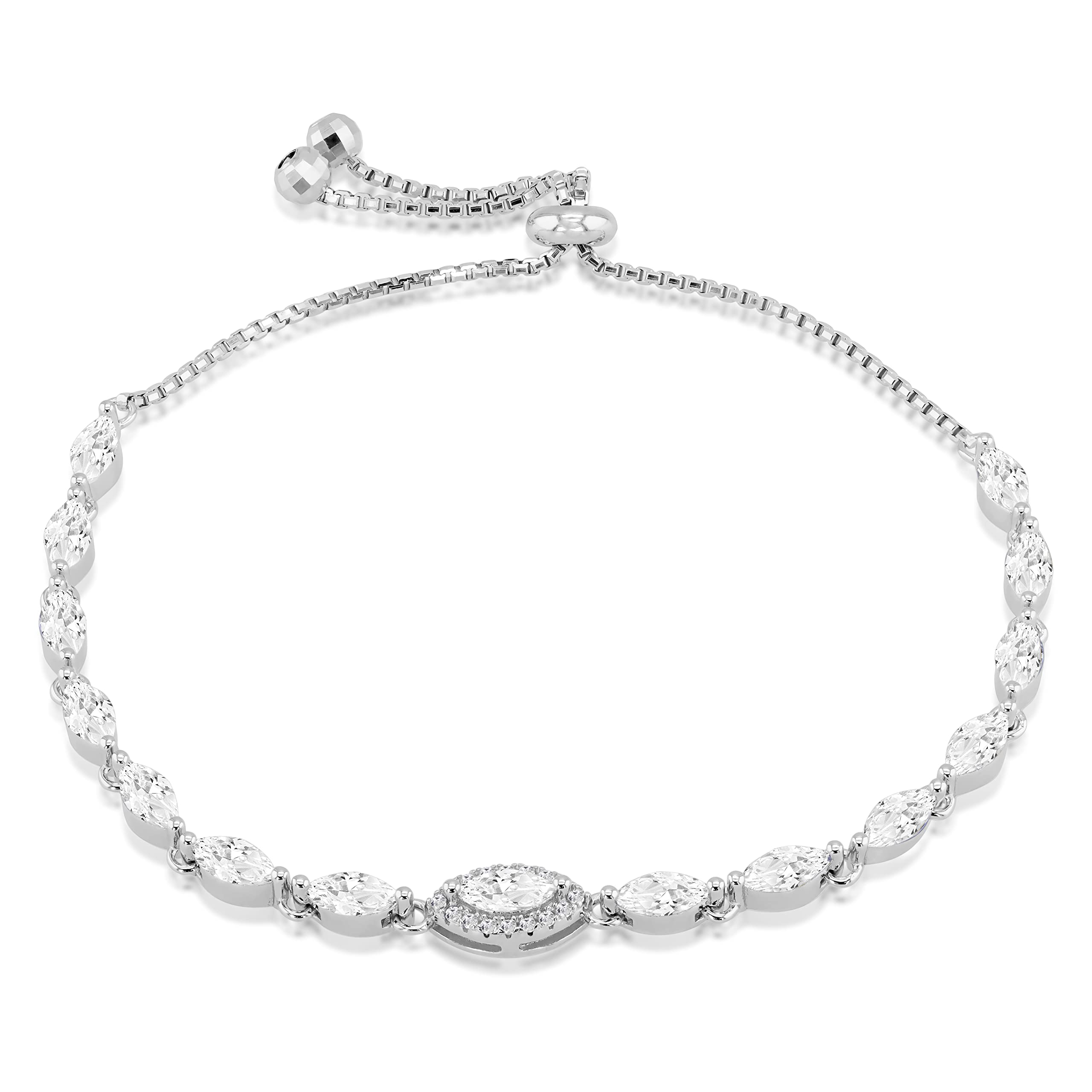 Tuscany Silver Women's Sterling Silver Rhodium Plated Marquise Cubic Zirconia Adjustable Box Chain Slider Bracelet, 23 cm/9 Inch