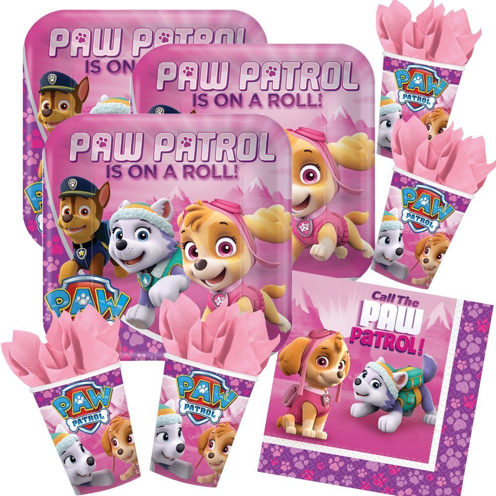 Paw Patrol 52 piece Party Set (Pink - Platter, cups, Serviettes for 16 children, 16 plates, 16 cups, 20 napkins)