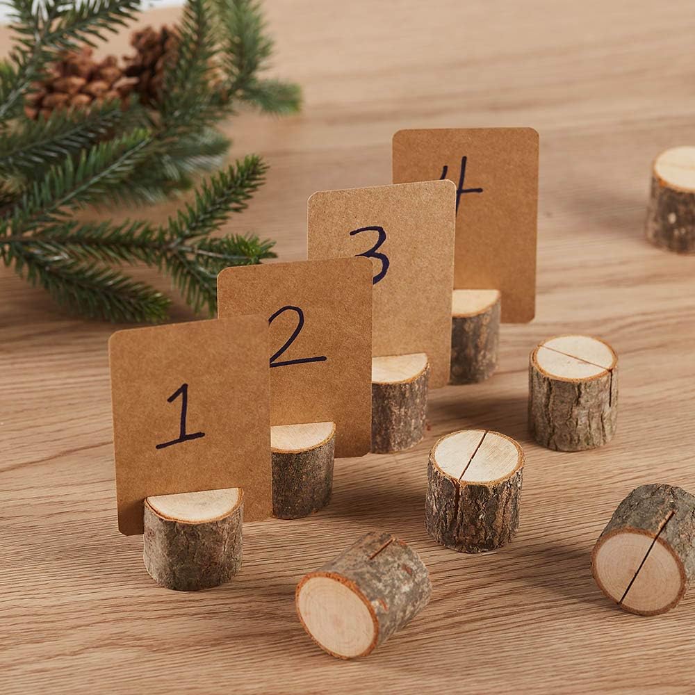 Toncoo Wood Place Card Holders, 10Pcs Premium Rustic Table Number Holders and 20Pcs Kraft Table Place Cards, Wood Photo Holders, Ideal for Wedding Party Table Name and More: Home & Kitchen