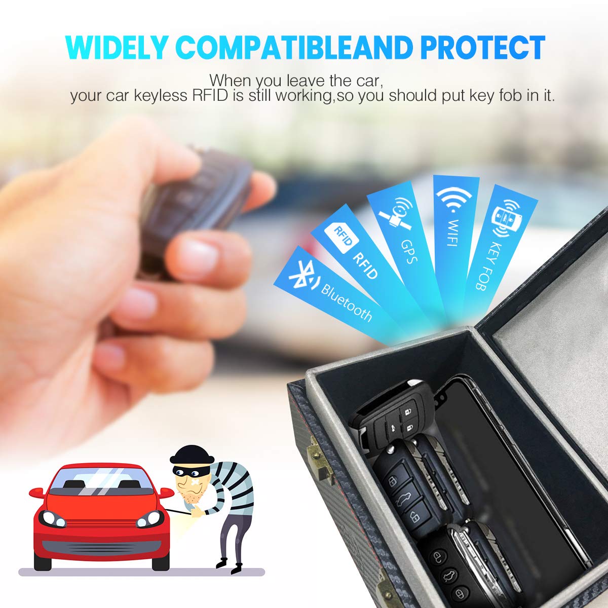 Aolfay Faraday Box, Signal Blocker Box for Car Keys, Keyless Cars Security Anti Theft Large Storage Box with 5 RFID Signal Blocking Cases, Shielding Pouch for Cell Phone and Car Key Privacy Protection