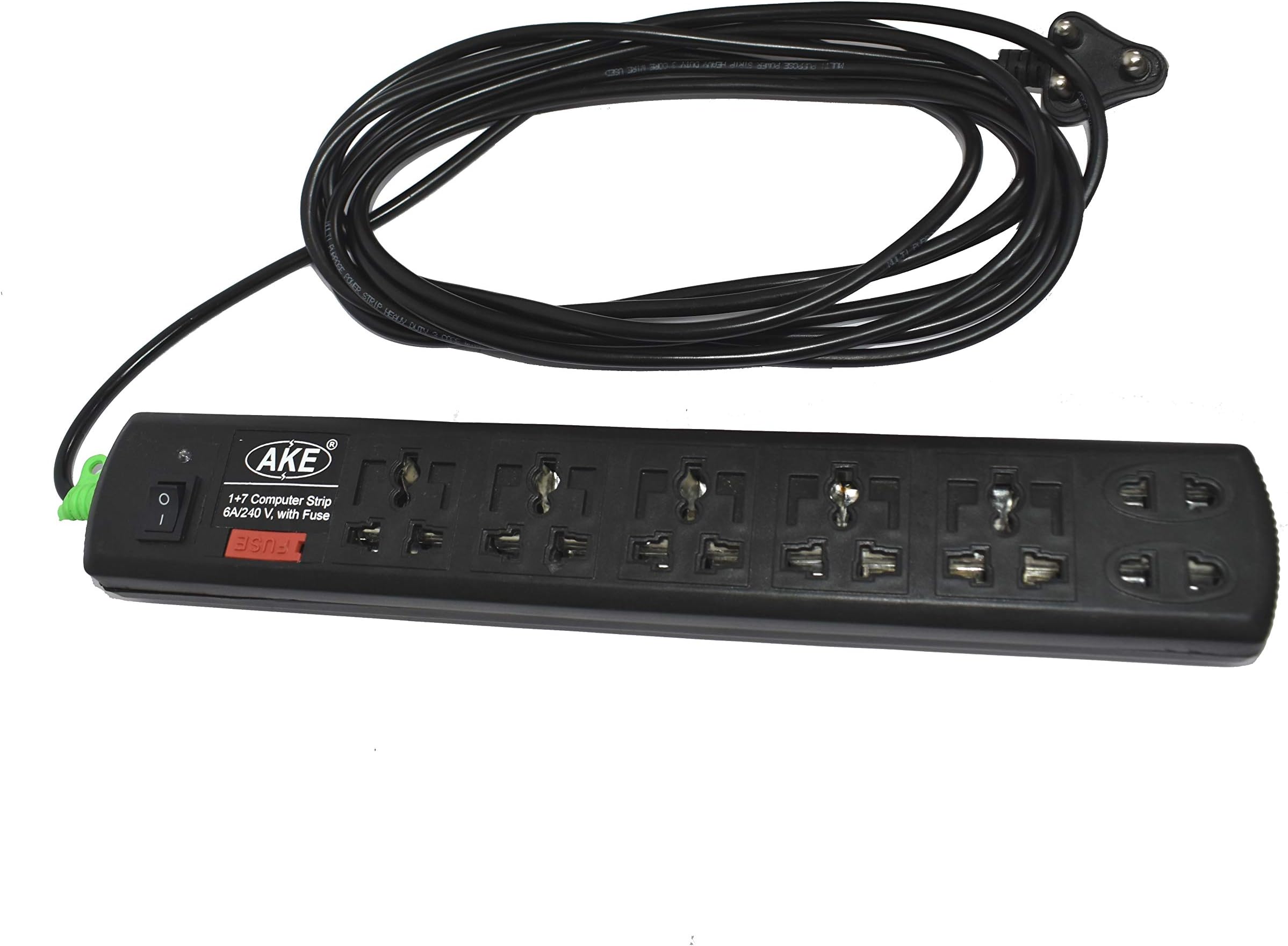 FPR AKE 7+1 Heavy Duty Extension Cord with 5 Meter Long Wire, Indicator, One Switch, Fuse Protector (6 Amp, 250 Volts) - 1 Pc, Black