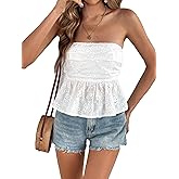 SHENHE Women's Ruffle Tube Top Smocked Eyelet Strapless Peplum Bandeau Boho Top