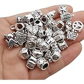 55pcs Assorted Alloy European Large Hole Beads Metal Spacer Charms Bead Assortments for DIY Crafts Bracelets Necklaces Jewelry Making (M190)