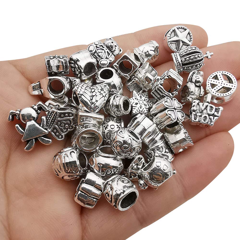 Photo 1 of 55pcs Assorted Alloy European Large Hole Beads Metal Spacer Charms Bead Assortments for DIY Crafts Bracelets Necklaces Jewelry Making (M190)