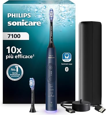 Sonicare 7100, spazzolino elettrico sonico con app, 4 modalità di spazzolamento, 3 livelli di intensità, EasyStart, SmarTimer, blu navy, modello HX7423/01 [Nuova tecnologia]