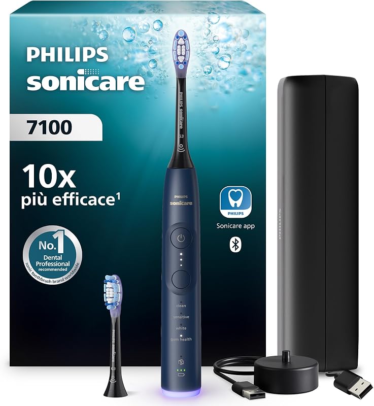 Sonicare 7100, spazzolino elettrico sonico con app, 4 modalità di spazzolamento, 3 livelli di intensità, EasyStart, SmarTimer, blu navy, modello HX7423/01 [Nuova tecnologia]