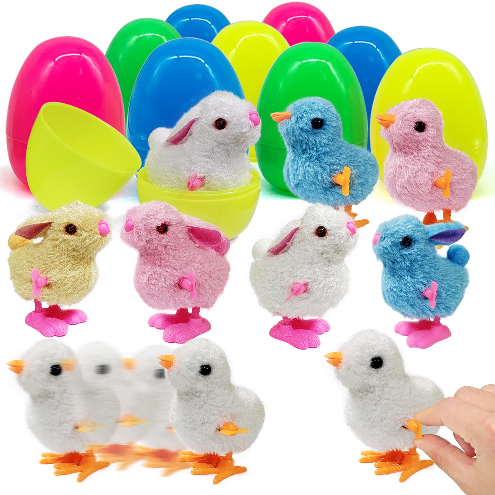 View 1 of 12 Pcs Easter Eggs Filled with Wind-Up Chicks and Bunnies 4" Large Surprise Eggs for Easter Eggs Hunt Easter Basket Stuffers Easter Gift for Kids
