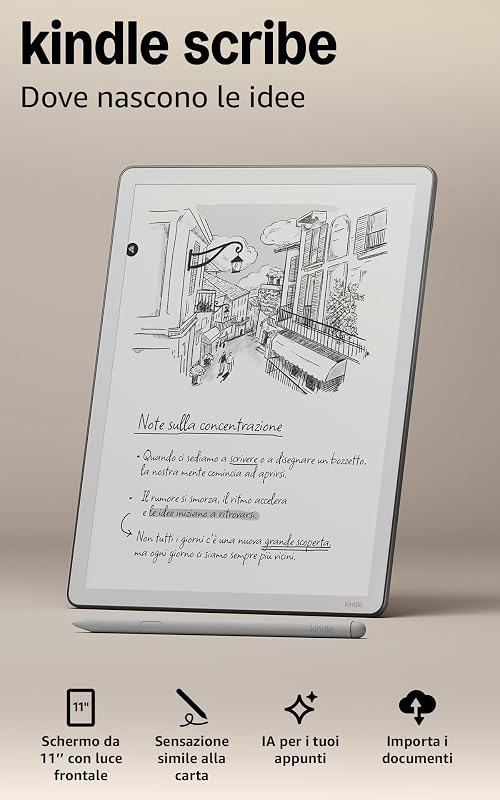 Kindle Scribe 32 GB (ultimo modello) — Schermo da 11’’, effetto carta stampata, con luce frontale — Più sottile, leggero e veloce — Scrivi nel taccuino integrato, nei documenti e nei libri