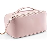 Vlando Makeup Bag,Large Capacity Travel Toiletry Bag,Cosmetic Bags for Women PU Leather Waterproof Portable Pouch with Divider & Handle-Pink