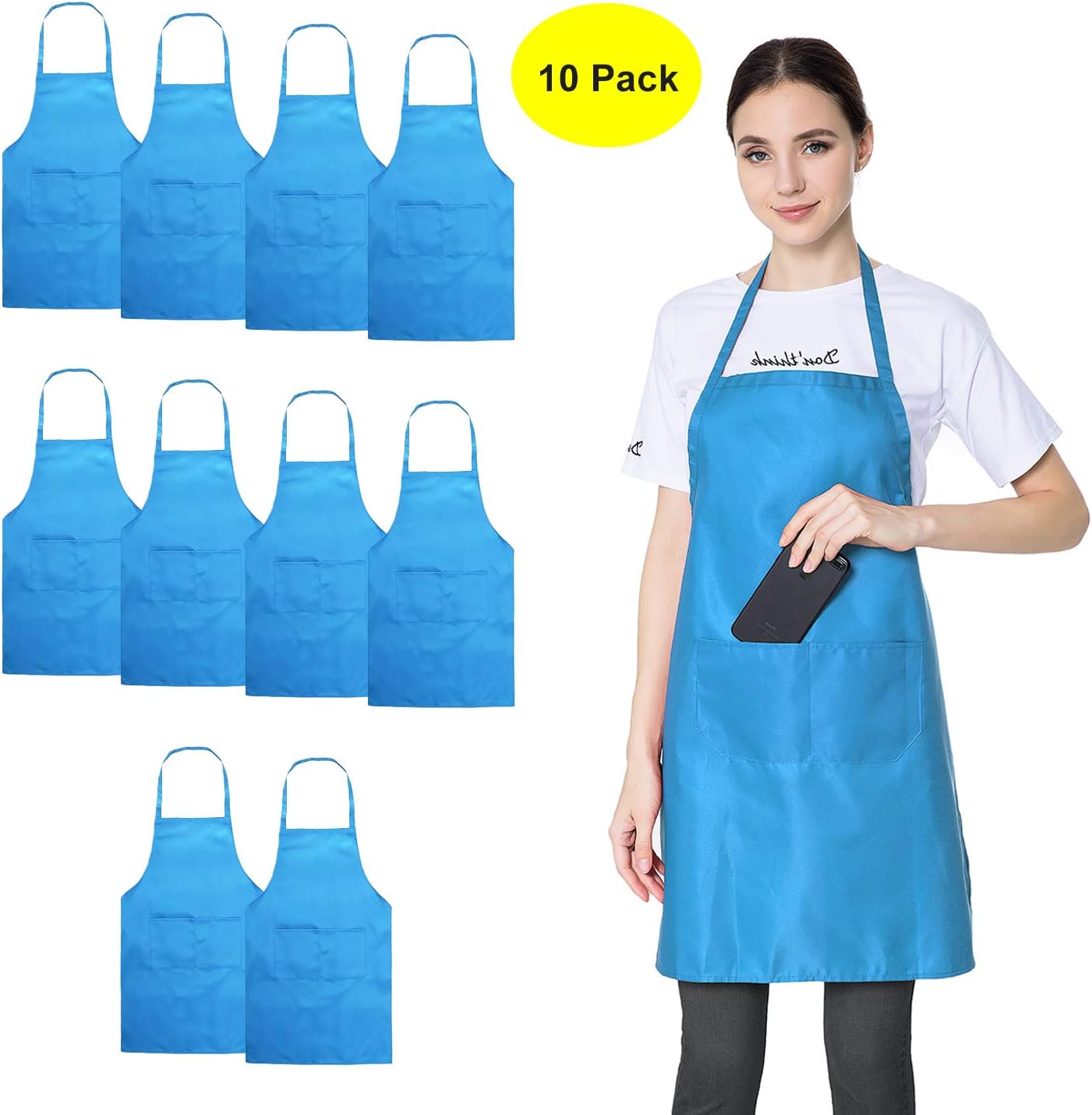 10 Pack Blue Bib Aprons Bulk for Women Girl with Pockets, Baking Party Painting BBQ Cooking Kitchen Apron (10, Blue)