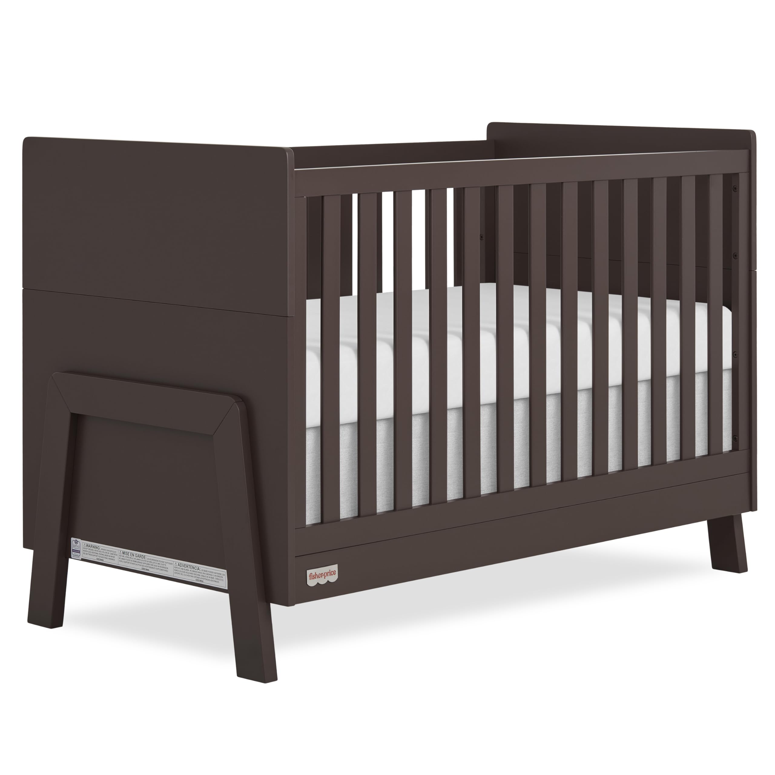 Photo 1 of Dream On Me Fisher Price Iris 4-in-1 Convertible Crib in Chocolate Chip, Greenguard Gold & JPMA Certified, Converts from Baby Crib to Day Bed, Full-Size Bed and Toddler Bed