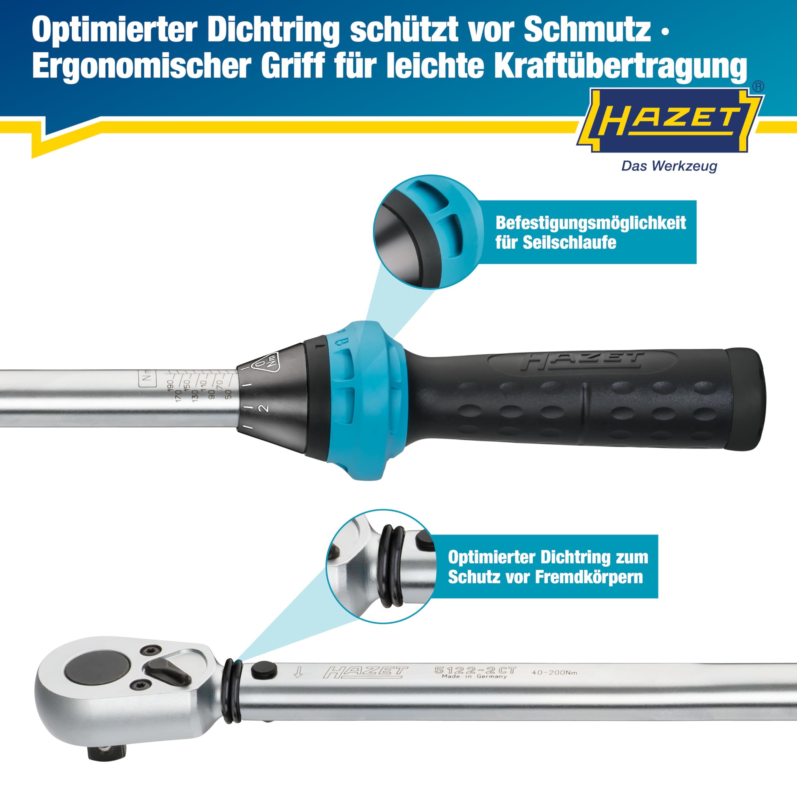 Hazet Drehmomentschlüssel 5122-2CT I Abtrieb: Vierkant 12,5 mm, 1/2 Zoll, Toleranz: 4%, 32 Zähne Betätigungswinkel 11,25 Grad I anwenderfreundliche Umschaltknarre für Auto und Fahrrad I 519mm 5