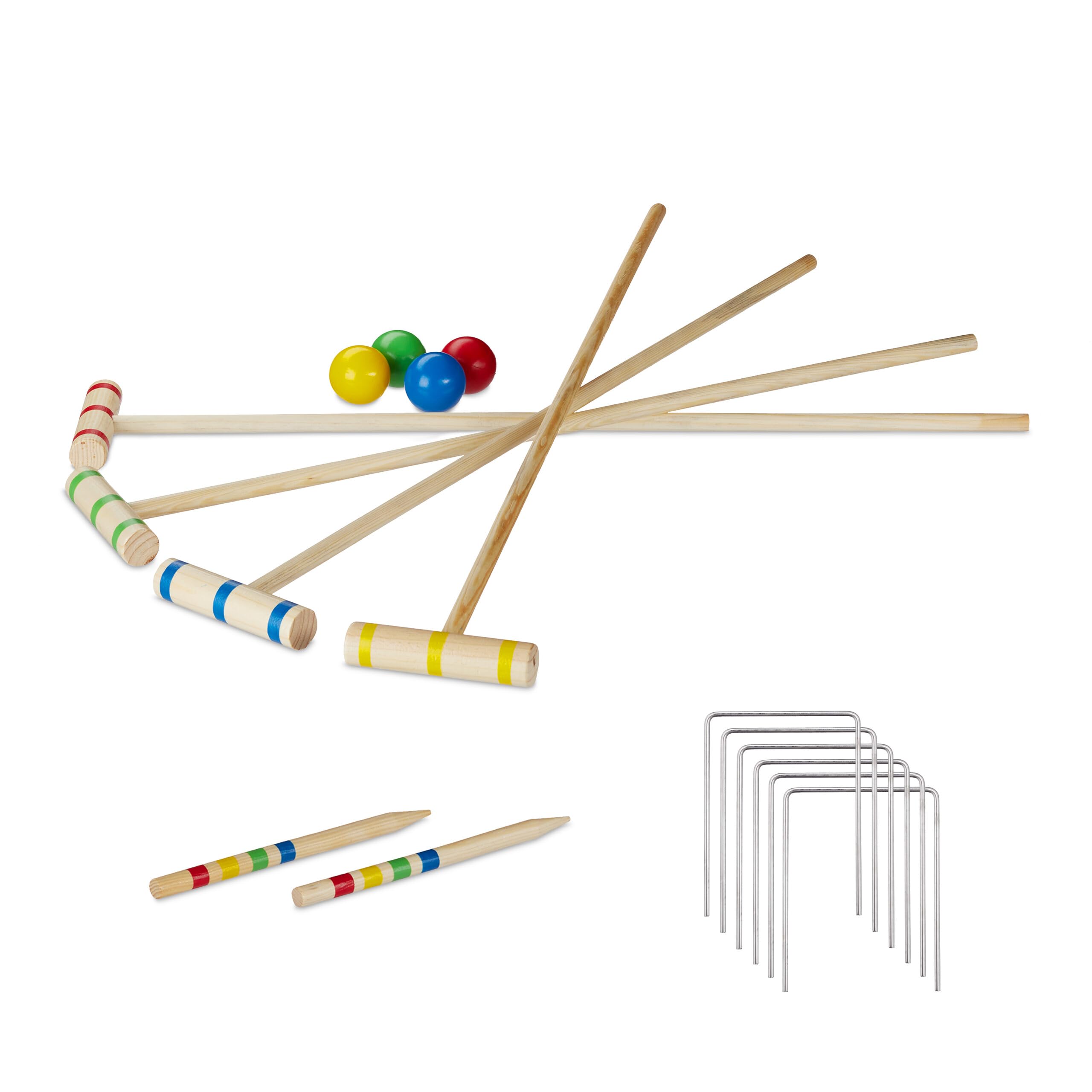 Relaxdays Croquet Game, 4 Players, Adults & Kids, Complete Set with Carrier Bag, Wooden, Mallet 75 cm, Natural