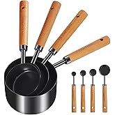 GuDoQi Measuring Cups and Spoons Set of 8, Wooden Handle with Metric and US Measurements, Premium Stainless Steel, Black Poli