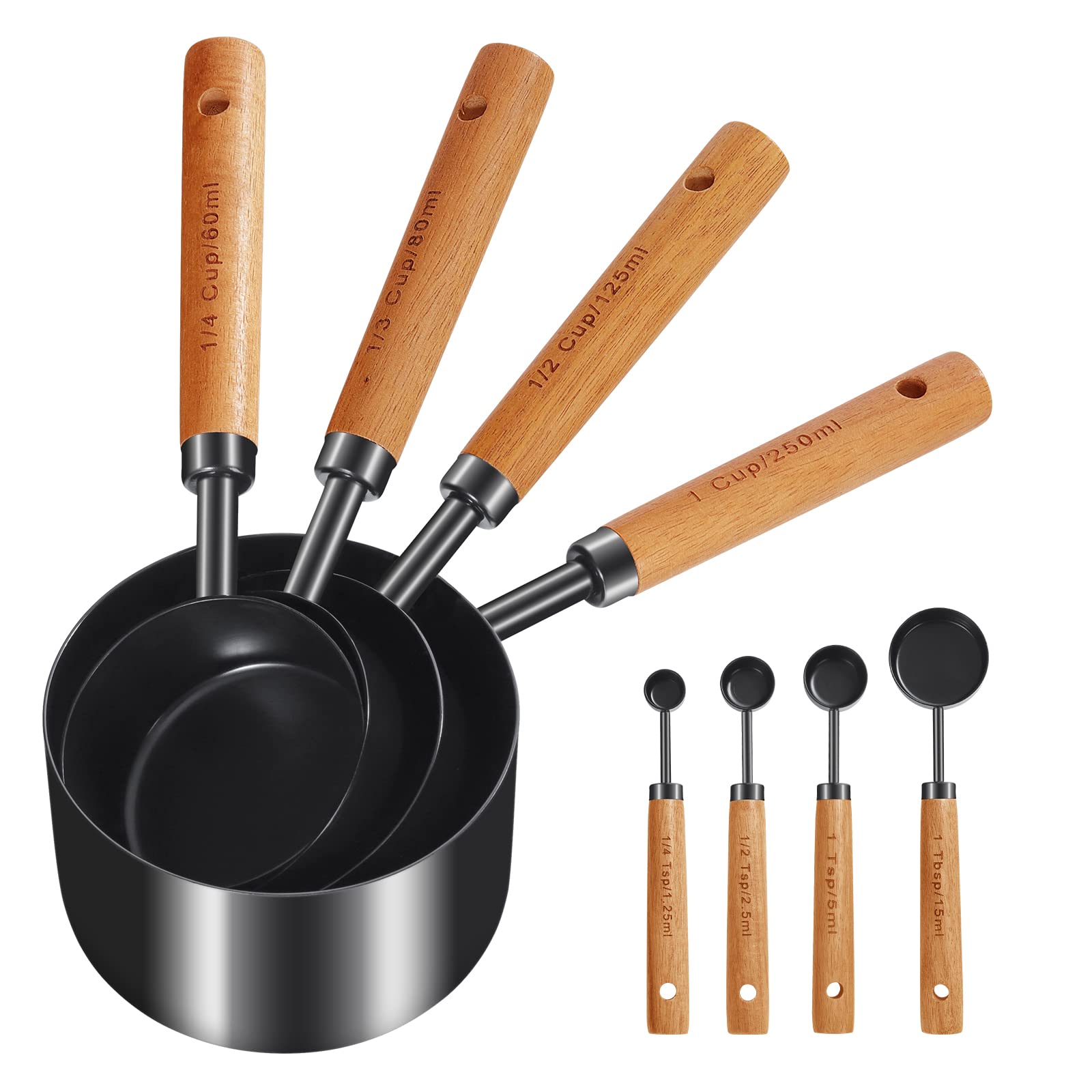 Cuteefun Measuring Cups and Spoons Set of 8, Wood Handle with Metric and US Measurements, Premium Stainless Steel, Black Polished Finish, Dry & Liquid Measuring Cup for Cooking, Baking, Beverage