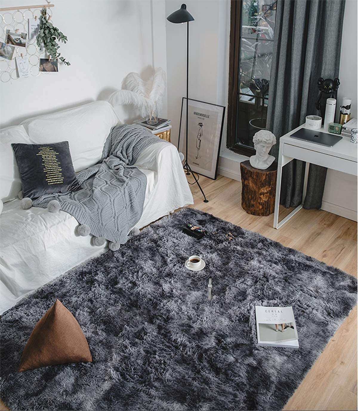 Tinyboy-hbq Rugs Living Room Soft Fluffy Shaggy Bedroom Rug Carpet Non-Slip Large Area Rugs Nursery Plush Mat for Home Decor (Black Grey, 80 x 200cm)