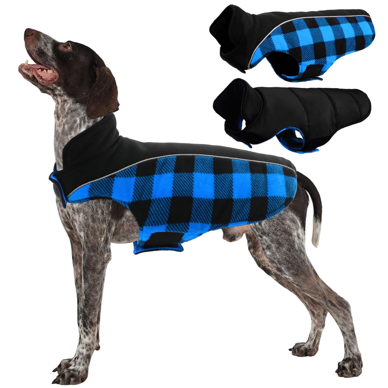 Photo 1 of Kuoser Dog Winter Coat, Reversible Waterproof Dog Jacket with Reflective Strip, Warm Dogs Fleece Vest Adjustable Doggy Cold Weather Clothes Plaid Christmas Outfit Pet Apparel for Large Dogs, Blue L